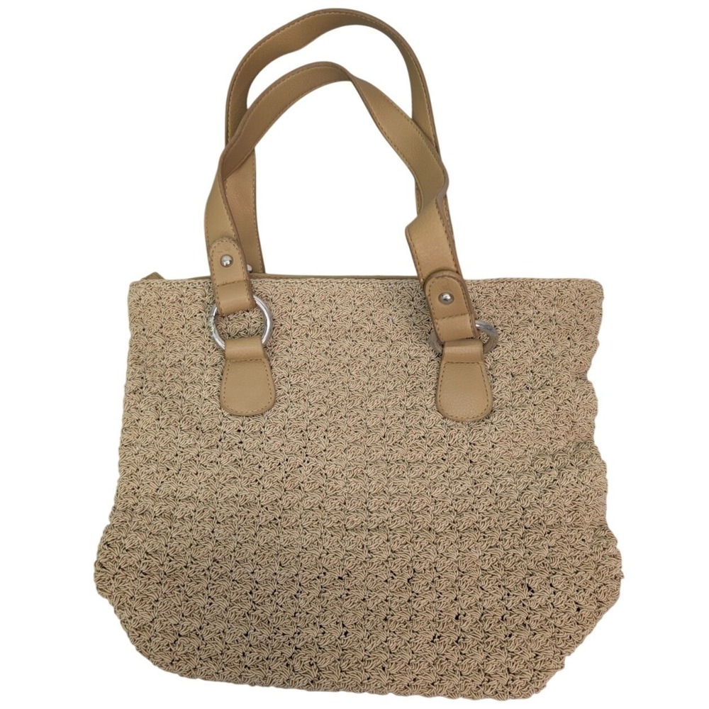 Crocheted Tote Bag Womens Beige Tan Woven Knit Purse Faux Leather Handles